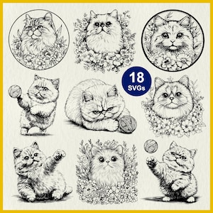 Perzische kat SVG | Schattige kat met stamboom, pluizige huisdierkat-clipart | 18 schattig silhouet Perzische kat voor Cricut, lasergesneden, stencil, sticker
