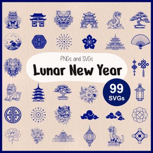 Lunar New Year SVG | Chinese New Year SVG | Asian Theme Decor | Eastern Art with Dragon and Lion Dance | Cricut Stencil | Laser Cut Line Art