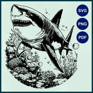 Shark in Ocean Scene, Shark Preservation SVG, Great White SVG, Shark Swimming, Marine Life, Sea Animal, Cricut Stencil, Line Art Laser Cut