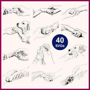 May include: Line drawings of hands interacting with animal paws. The images show different interactions between humans and pets, including dogs and cats. A blue circle with the text "40 SVGs" is also present.