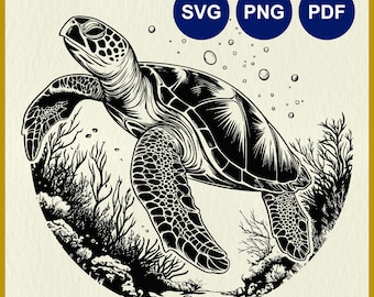 Sea Turtle Swimming SVG: Ocean Wildlife, Coastal Decor, Turtle and Coral Reef