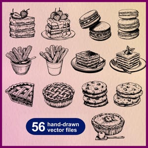 Pakiet SVG Sweet Desserts, Tiramisu SVG, Strawberry Shortcake Cricut, Macaron Lasercut, Churros Stencil, Apple Pie Clipart, Cookies Vector