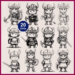 Kid Viking Costume SVG | 20 Cute Little Boy, Little Girl Warrior Clipart | Viking Children Silhouette for Cricut, Laser Cut, Stencil, Decal
