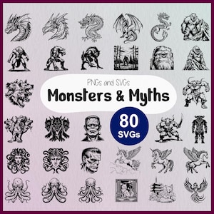 May include: A collection of 80 black and white SVG files featuring monsters and mythical creatures. The images include a variety of creatures, such as dragons, werewolves, unicorns, and more.