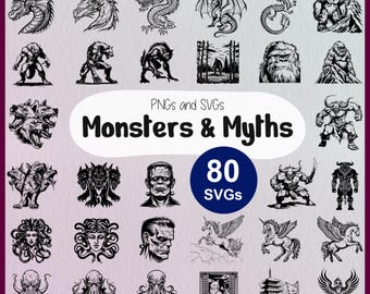 Monsters SVG | Mythical Creatures, Urban Legend, Fantasy Monsters | Frankenstein, Vampire, Werewolf SVG | Cricut Stencil, Laser Cut Line Art