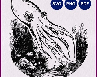 Swimming Squid SVG: Ocean Cuttlefish and Marine Life Vector File