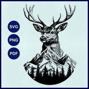 Deer on Mountain Range SVG, Deer SVG Cricut, Forest Animals Clipart, Deer Scene PNG, Woodland Deer Laser Cut, Antlers Line Art, Fawn Stencil