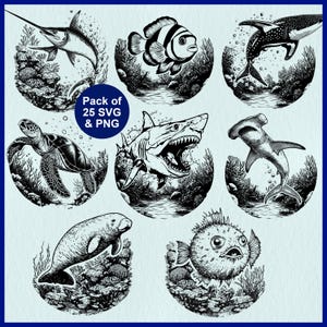 May include: Black and white illustrations of various sea creatures, including a swordfish, clownfish, whale shark, sea turtle, shark, hammerhead shark, manatee, and pufferfish. The text "Pack of 25 SVG & PNG" is also included.