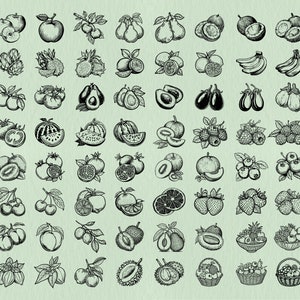 Puede incluir: Una colección de 64 ilustraciones dibujadas a mano en blanco y negro de diversas frutas y verduras. Las ilustraciones son de estilo vintage y presentan una variedad de frutas y verduras, incluyendo manzanas, peras, uvas, plátanos, fresas, arándanos, y más.