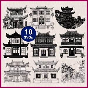 May include: A collection of ten black and white illustrations of traditional Chinese buildings. The images showcase various architectural styles, including pagodas and multi-story structures, with intricate details and decorative elements. The text "10 SVGs" is in a blue circle.