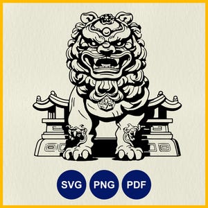 Escultura de Leão Chinês SVG | Festival da Lua SVG | Decoração Oriental | Clipart com Tema Asiático | Ano Novo Lunar | Estêncil Cricut | Arte de Linha Recortada a Laser