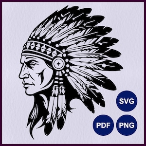 Native Chieftain-svg | Indiaas Amerikaans opperhoofd | Indiaans stamhoofd | Hoofd Indiaan | Cricut-sjabloon | Lasergesneden lijntekeningen