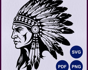 Wódz Indian SVG | Wódz Indian Amerykańskich | Wódz plemienia Indian Amerykańskich | Głowa wodza Indian | Szablon Cricut | Grafika liniowa wycinana laserowo
