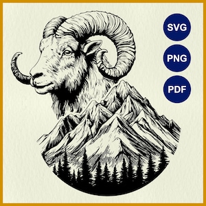 Mountain Goat SVG, Goat Head Cricut, Goat Laser Cut, Woodland PNG, Mountain Range, Forest Animal, Line Art, Decor Clipart, Vector Graphic