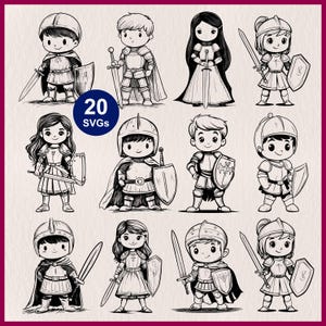 May include: Black and white digital illustrations of cartoon knights, each holding a sword and shield. The image includes 12 different knight designs, with the text "20 SVGs" in a blue circle.