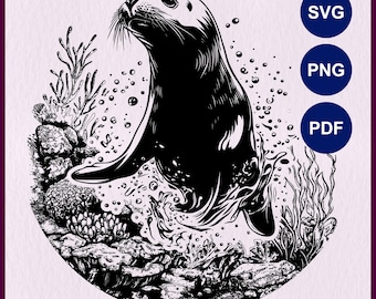 Robbe SVG: Babyrobbe und Korallenriff, Marine Wild Life Vektordatei