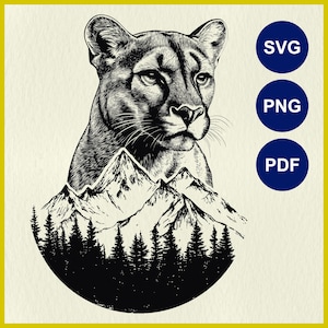 Mountain Lion SVG, Cougar SVG Cricut, Big Cat PNG, Puma Laser Cut, Forest Scene Vector File, Lynx Line Art, Decor Clipart, Woodland Predator