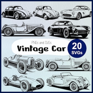 Könnte beinhalten: Eine Sammlung von 20 Vintage-Auto-Illustrationen in Schwarzweiß. Die Illustrationen sind im Strichzeichnungsstil gehalten und zeigen verschiedene klassische Automodelle, darunter ein Cabriolet, ein Coupé und eine Limousine. Der Text "Vintage Car" und "20 SVGs" ist im Bild enthalten.
