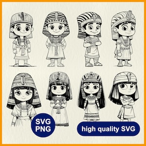 Egyptian Pharaoh Kids SVG | Egypt King and Queen | Children in Ancient Egyptian Costume Silhouette for Cricut, Laser Cut, Stencil, Line Art