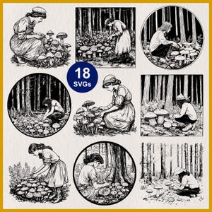 Mushroom Picking SVG Bundle | 18 Forest Foraging, Mushroom Hobby Clipart | Silhouettes for Cricut, Laser Cut, Decal, Stencil, Line Art
