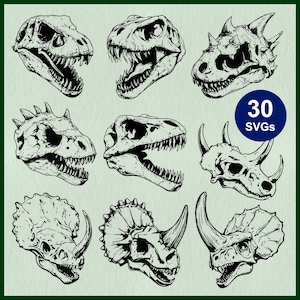 30 Dinosaur Fossil SVG Files | Prehistoric Skeleton Silhouettes | Dino Skull Bones Clipart, Line Art Cut Files for Cricut & Laser Cut Crafts