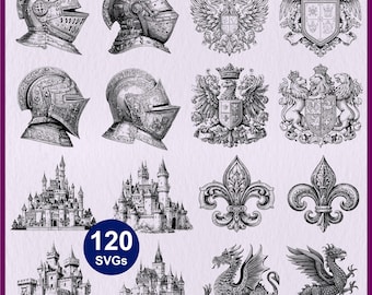 145 middeleeuws thema SVG: middeleeuws teken, familiewapen, koninklijk symbool en heraldiek vectorbestand