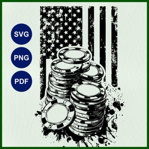 Jeton de poker SVG, casino américain, États-Unis d'Amérique, cartes à jouer, Las Vegas Clipart, pochoir de jeu, jeu de cartes PNG, Cricut Silhouette, dessin au trait découpé au Laser