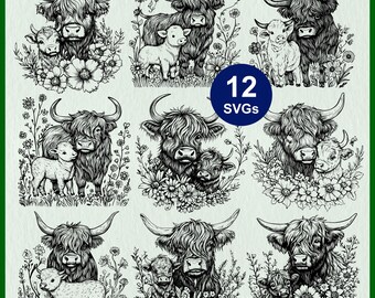 May include: A collection of 12 Highland cow SVG designs in black and white. Each design features a Highland cow with a calf, surrounded by floral elements. The designs are detailed and suitable for various crafting projects.
