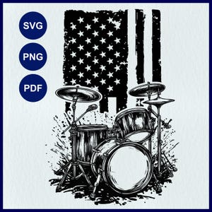 May include: Black and white illustration of a drum set with a US flag background. The drum set has four drums and two cymbals. The drums are all different sizes and shapes. The cymbals are both round and have a star design on them.