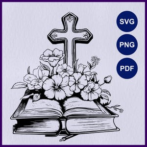 Bible et croix SVG, église Cricut, pochoir SVG baptême, clipart chrétien, Sainte Bible découpé au laser, décoration d'église SVG, clipart première communion