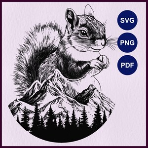 May include: Black and white line art illustration of a squirrel sitting on a mountain with trees in the background.