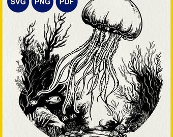 Qualle Schwimmen SVG: Meerestier- Vektordatei, Aquarium Dekor Clipart, Korallenriffszene
