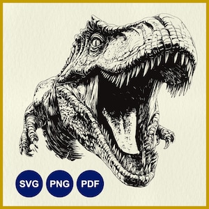May include: Black and white line art illustration of a Tyrannosaurus Rex dinosaur with its mouth open and teeth showing. The dinosaur is facing to the right and its head is tilted slightly upwards.