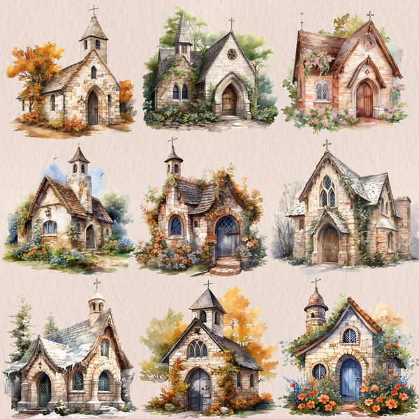 Little Church Clipart, Watercolor Countryside Church, Church and Flowers, Catholic Church Clipart, Cottagecore Church, Digital Download