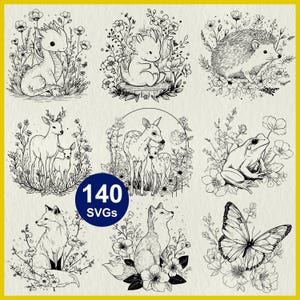 Op de afbeelding: Een verzameling zwart-wit illustraties van bosdieren en bloemmotieven. De afbeeldingen bevatten een draak, egel, herten, kikker, vos en vlinder. Een blauwe cirkel met de tekst "140 SVGs" staat in het midden.