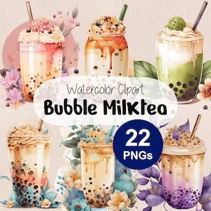 May include: A set of 22 watercolor clipart images of bubble tea in various flavors. The tea is in clear cups with colorful toppings and boba pearls. The images are surrounded by flowers and leaves.
