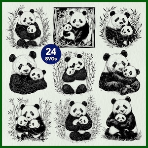 May include: A collection of 9 black and white panda bear illustrations, each depicting a parent panda embracing a baby panda. The pandas are surrounded by bamboo. A blue circle with the text "24 SVGs" is in the center.