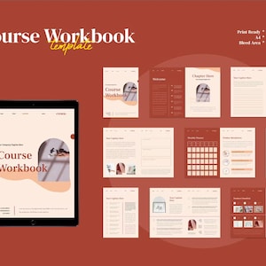Peut inclure: Modèle de cahier d'exercices de cours numérique avec une palette de couleurs chaudes. La conception comprend une tablette affichant le cahier d'exercices, un stylet et plusieurs pages prêtes à imprimer. Le texte comprend "Course Workbook" et "Template".