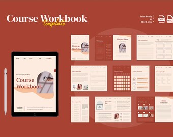 May include: A digital course workbook template in a warm colour scheme. The design features a tablet displaying the workbook, a stylus, and several print-ready pages. Text includes "Course Workbook" and "Template".