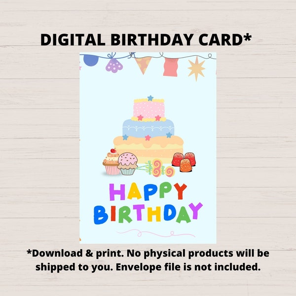 Digital Card, Printable Birthday Card, Birthday Card for Kids, Birthday Card for Girls, Birthday Card for Boys, Light Blue Birthday Card