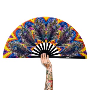 Peacock Large Rave Festivals Loud Clack Satin Hand Held Folding Fan for men women