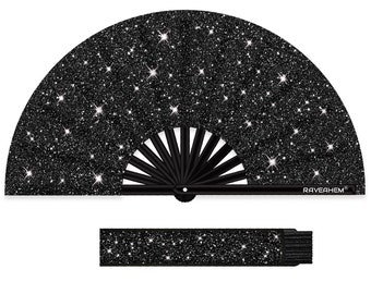 Glitter Bamboo Folding Fan with Holster, Rave Festival EDM