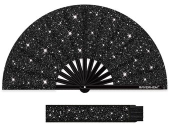 Glitter Large Rave Folding Clack Hand Fan with holster for men/women Handheld Fan for EDM,Festival,Club,Party,Dance