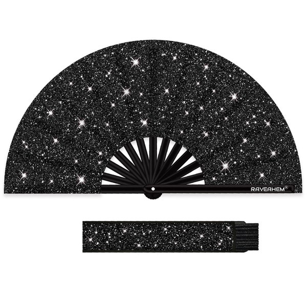 Glitter Large Rave Folding Clack Hand Fan with holster for men/women Handheld Fan for EDM,Festival,Club,Party,Dance