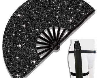 Large Glitter Rave Clack Folding Hand Fan with Holster, EDM Festival Fan