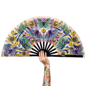 Butterfly Large Rave Festivals Loud Clack Satin Hand Held Folding Fan for men women
