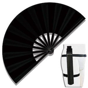 May include: A large, black hand fan with a ribbed design, open to display its full arc. The fan is accompanied by a black carrying case with a strap, designed to be worn on the leg. The fan's design is simple and elegant.