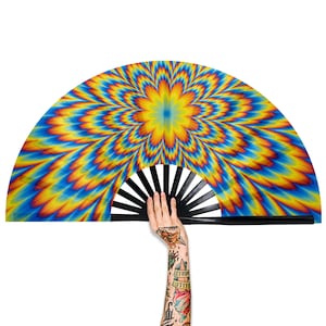Psychedelic Large Rave Festivals Loud Clack Satin Hand Held Folding Fan for men women