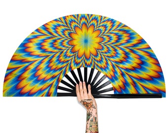 Psychedelic Large Rave Festivals Loud Clack Satin Hand Held Folding Fan for men women