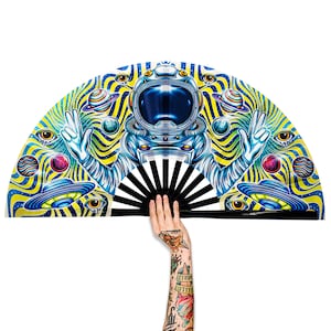 Spaceman Large Rave Festivals Loud Clack Satin Hand Held Folding Fan for men women